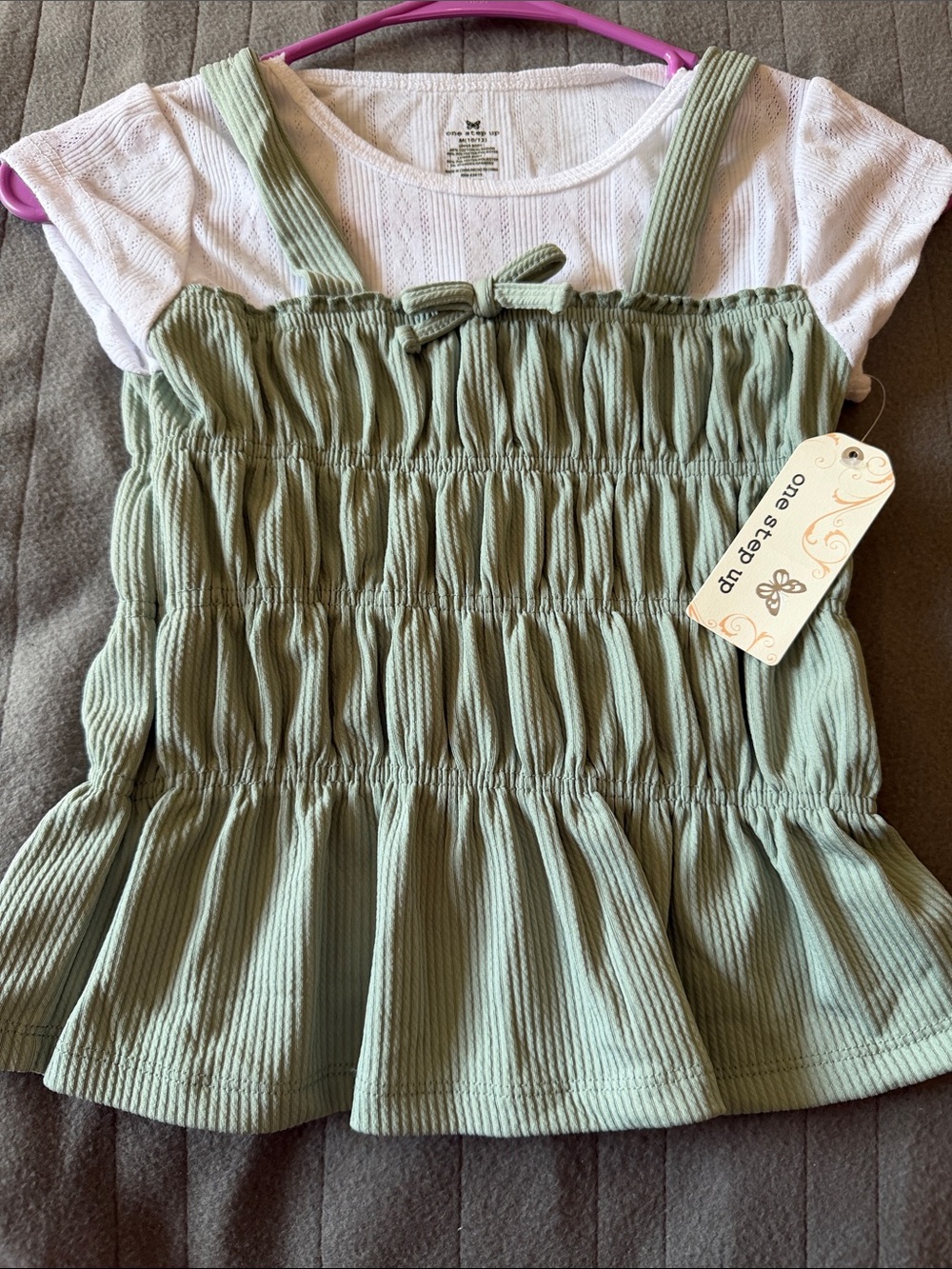 One Step Ahead Green Smocked Ruffle Tank with White Tee